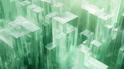 a city made of transparent glass with intricate geometric patterns and a light green tone