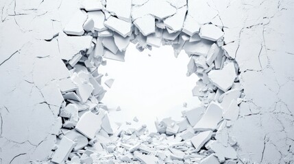 Large hole with cracked edges on white background. Breakthrough or destruction concept for design