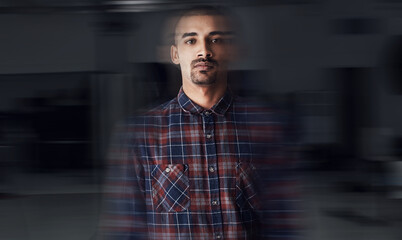 Blur, serious and portrait of man in studio with mental health, schizophrenia or psychosis....