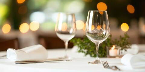 Elegant table setting with wine glasses, candles, and fresh greenery, creating a warm and inviting atmosphere.