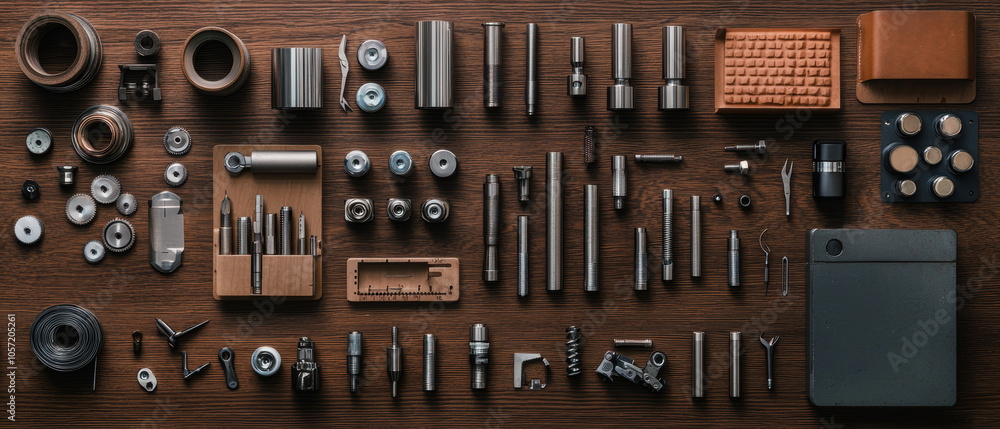 Poster a flat lay of various metallic tools and components arranged neatly on a wooden surface, showcasing 