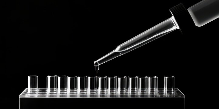Pipette adding fluid to test tubes on a solid background, highlighting precision and control in scientific experimentation.