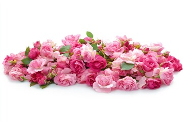 bed of roses, large bunch of colorful pink flowers, buds, petals and leaves loosely spread on a surface, isolated over a white background, love, with generative ai
