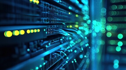 Naklejka premium Fiber optics transmitting data to computer hardware