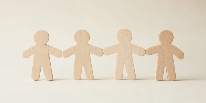 Four paper figures holding hands, symbolizing unity and teamwork, on a plain white background.