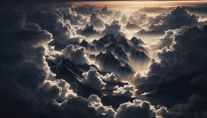 Majestic mountain peaks enveloped in dramatic clouds, illuminated by sunlight
