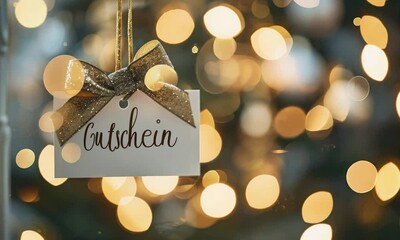 paper tag with german word voucher hanging on christmas tree on glitter background