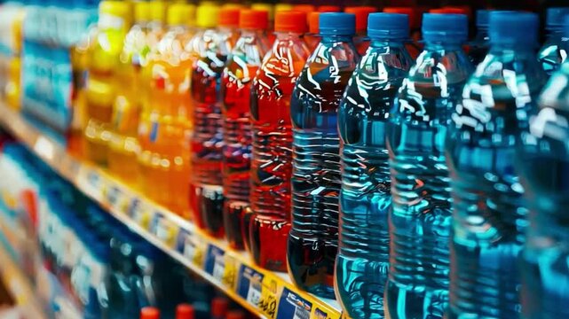 This Bottles of various drinks in vibrant colors are neatly arranged on store shelves.