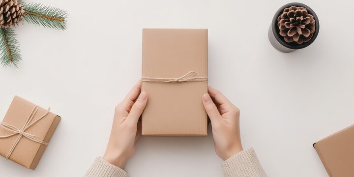 Hands holding a beautifully wrapped package with a string on a light background, surrounded by festive decor.