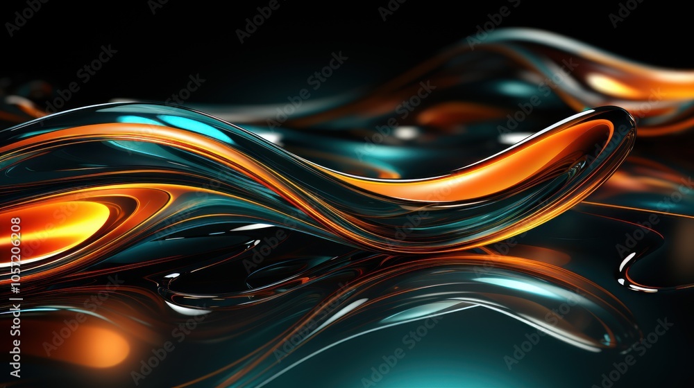 Poster abstract fluid shapes with vibrant colors and reflections create a dynamic visual effect.