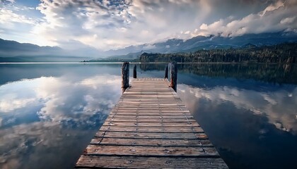 Obraz premium Un pequeño embarcadero de madera, en medio de un lago de aguas tranquilas