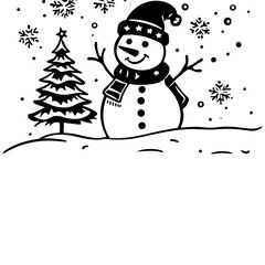 Smiling snowman with scarf and hat stands near a Christmas tree.