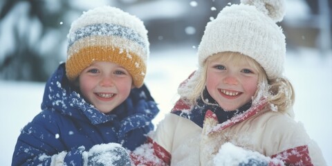Happy children enjoying a playful snowy day, smiling and laughing while playing in the snow.