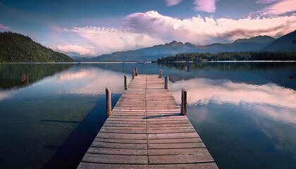 Naklejka premium Un pequeño embarcadero de madera, en medio de un lago de aguas tranquilas