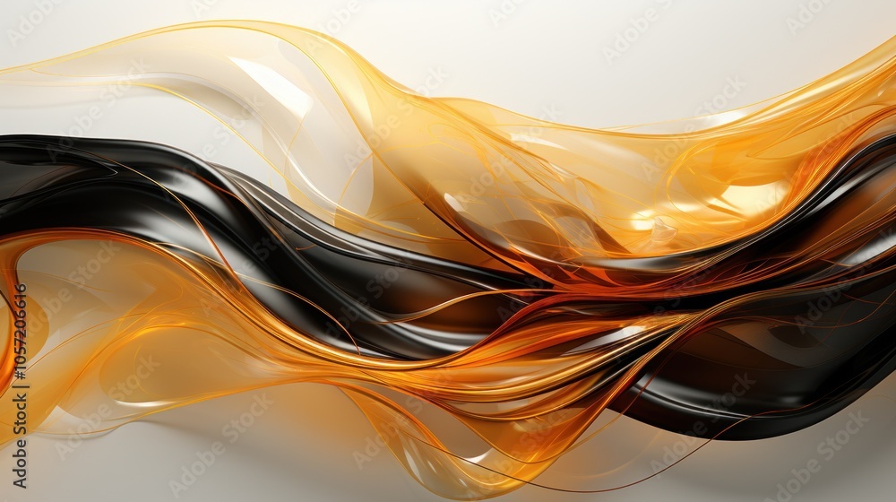 Poster abstract flowing waves in black, orange, and white create a dynamic visual effect.