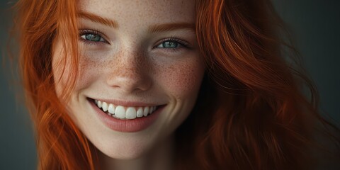 Fototapeta premium Portrait of a redhead girl smiling and looking at the camera, set against a solid background, emphasizing her radiant expression.