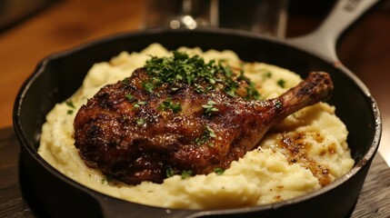 Duck Confit with Mashed Potatoes - crispy duck leg served with creamy mashed potatoes