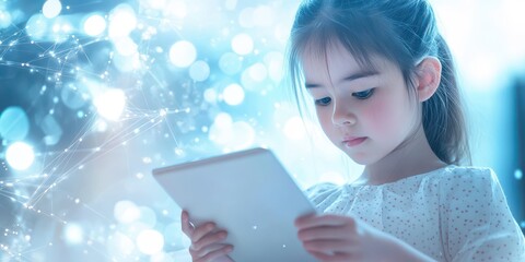 Little girl using a tablet, focused and engaged against a light background, highlighting interaction with technology.