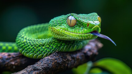 A close-up of a vibrant green snake resting on a branch.