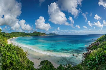 Tropical Island Beach with Lush Green Foliage and Turquoise Waters