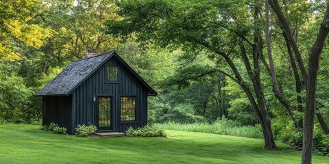 Small dark cabin in lush green forest, charcoal paint, serene woodland.