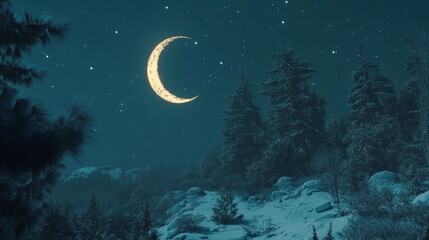 Naklejka premium Winter crescent moon shining over a snow covered forest generative ai