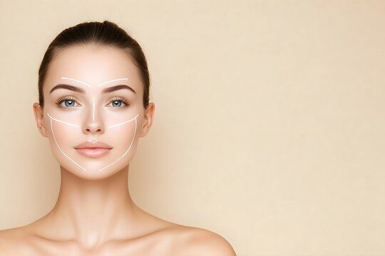 Side view of woman face with white lifting marks on light background for facial contouring and aesthetic medicine concept