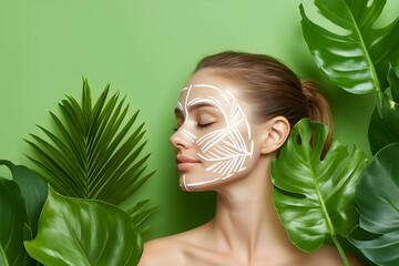 Woman face with white lifting marks and green tropical leaves on green background for natural beauty and skin care concept