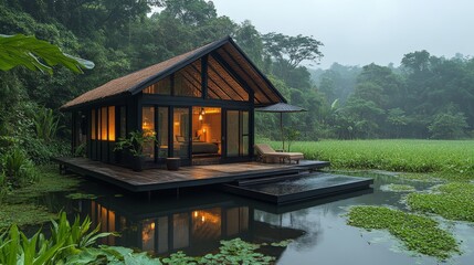 Obraz premium Floating Miniature House Resting Peacefully on Serene Body of Water