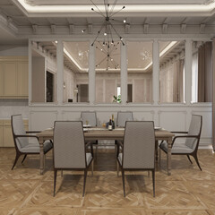 modern contemporary  dining room with classic architecture. 3d illustration