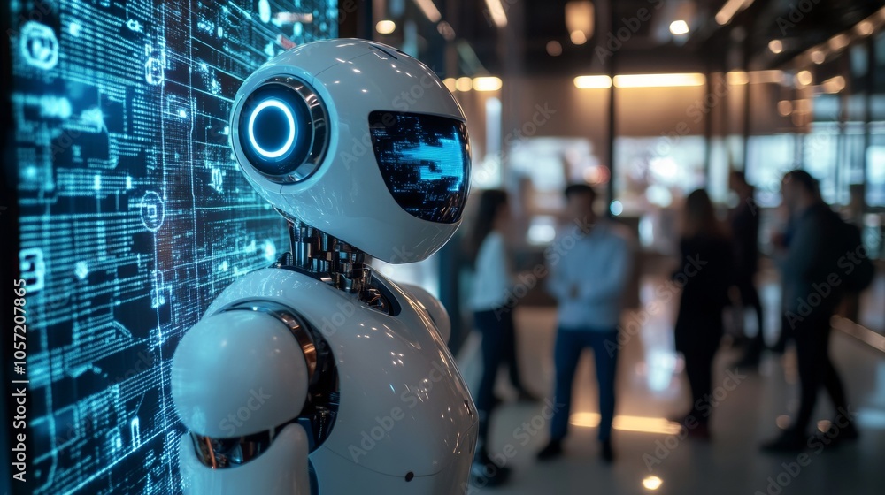 Poster a humanoid robot displays advanced technology at a busy tech exhibition, captivating visitors with i