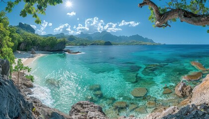 Naklejka premium Picturesque View of a Tropical Beach with Turquoise Water and Lush Green Mountains