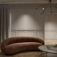 modern classic style of living room with red suede sofa, coffee table and chair. 3d illustration