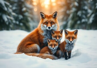 Watchful Eyes: Mother Fox with her Cubs on a Frosty Morning. 
