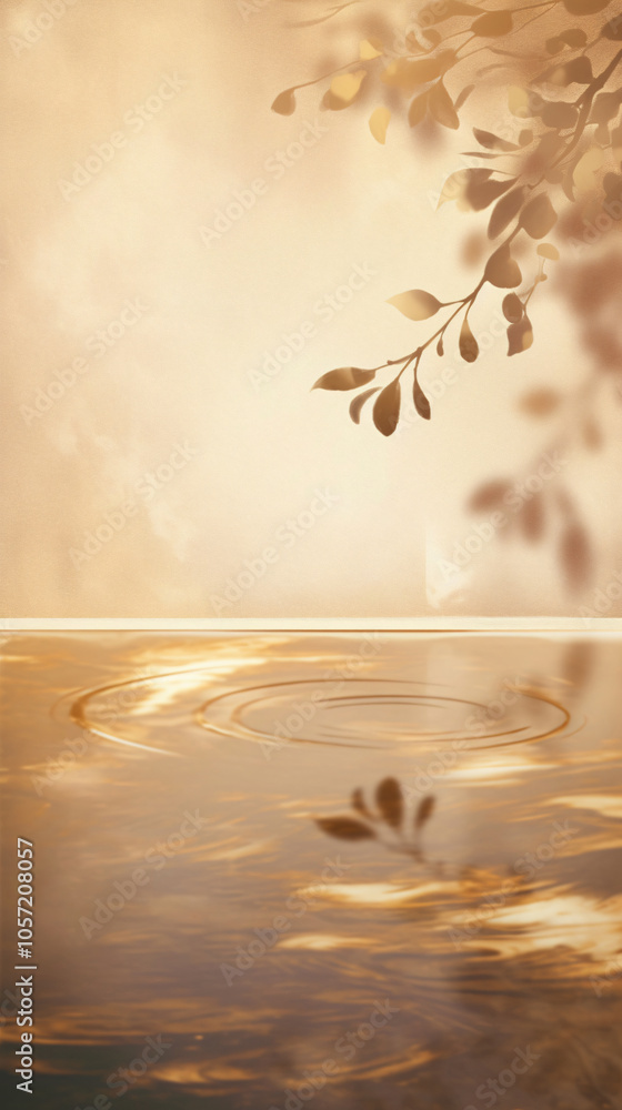 Poster a serene background showcases gentle ripples on a water surface reflecting soft golden hues, accente