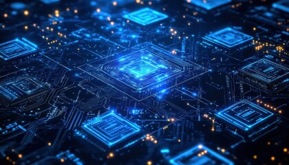 Obraz premium Futuristic circuit board and blockchain network design, featuring high-tech electronic elements 32k high resolution