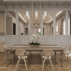 modern contemporary  dining room with classic architecture. 3d illustration