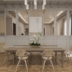 modern contemporary  dining room with classic architecture. poster frame mockup. 3d illustration