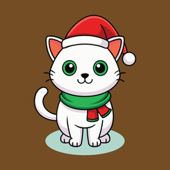 Christmas-Themed Cute Cat Illustration for Holiday Designs, Cute Christmas Cat with Big Eyes and Santa Hat