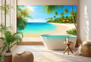 vibrant beach destination lush exotic palm leaves crystal clear waters under bright sunshine, leaf, tropical, sand, ocean, coast, sky, clouds, paradise