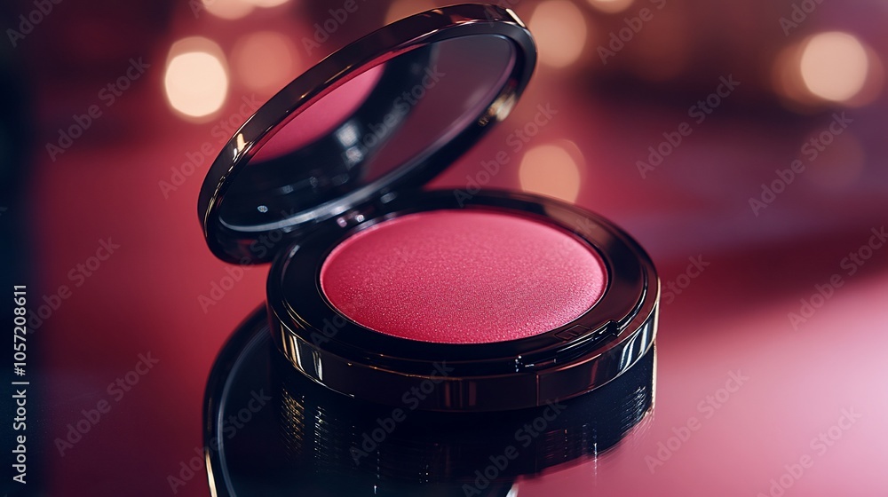 Poster open compact of pink blush with mirror on a reflective surface against a red bokeh background.