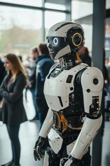 Fototapeta premium A humanoid robot, equipped with advanced sensors and lights, stands in a busy technology exhibition, attracting attention from onlookers exploring innovations