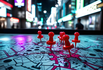 Close-up of a city map highlighted with glowing neon blue and pink lights, featuring a red navigation pin element, intricate abstract geometric patterns, and a softly blurred background