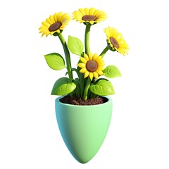 Obraz premium Three cheerful cartoon sunflowers in a green pot, isolated on a white background.