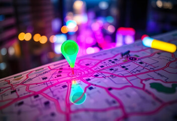 Close-up of a city map highlighted with glowing neon blue and pink lights, featuring a red navigation pin element, intricate abstract geometric patterns, and a softly blurred background