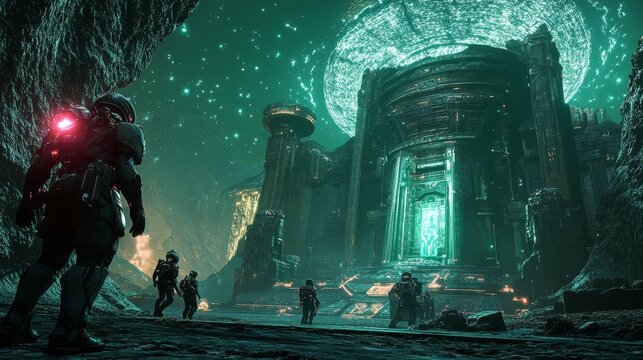Futuristic Alien Temple: Advanced Architecture and Glowing Energy Fields with Tech-Clad Explorers in Sci-fi Setting