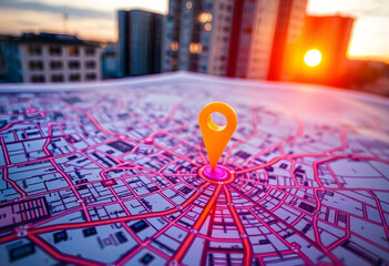 Close-up of a city map highlighted with glowing neon blue and pink lights, featuring a red navigation pin element, intricate abstract geometric patterns, and a softly blurred background
