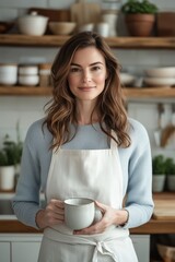 Woman in cozy kitchen holding a mug, smiling warmly, surrounded by kitchenware and potted herbs, wearing a white apron.