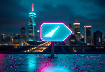 Close-up of a city map highlighted with glowing neon blue and pink lights, featuring a red navigation pin element, intricate abstract geometric patterns, and a softly blurred background