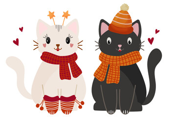 Love couple of Christmas cats. Cute winter characters, design for greeting cards. Vector illustration